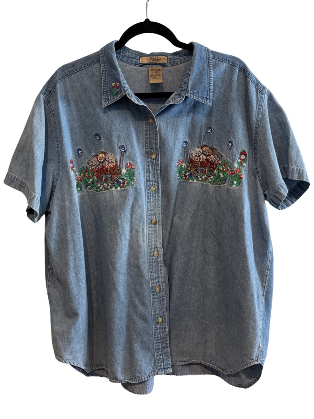 Just My Size Light Blue Denim Shirt with Cat Embroidery Patches